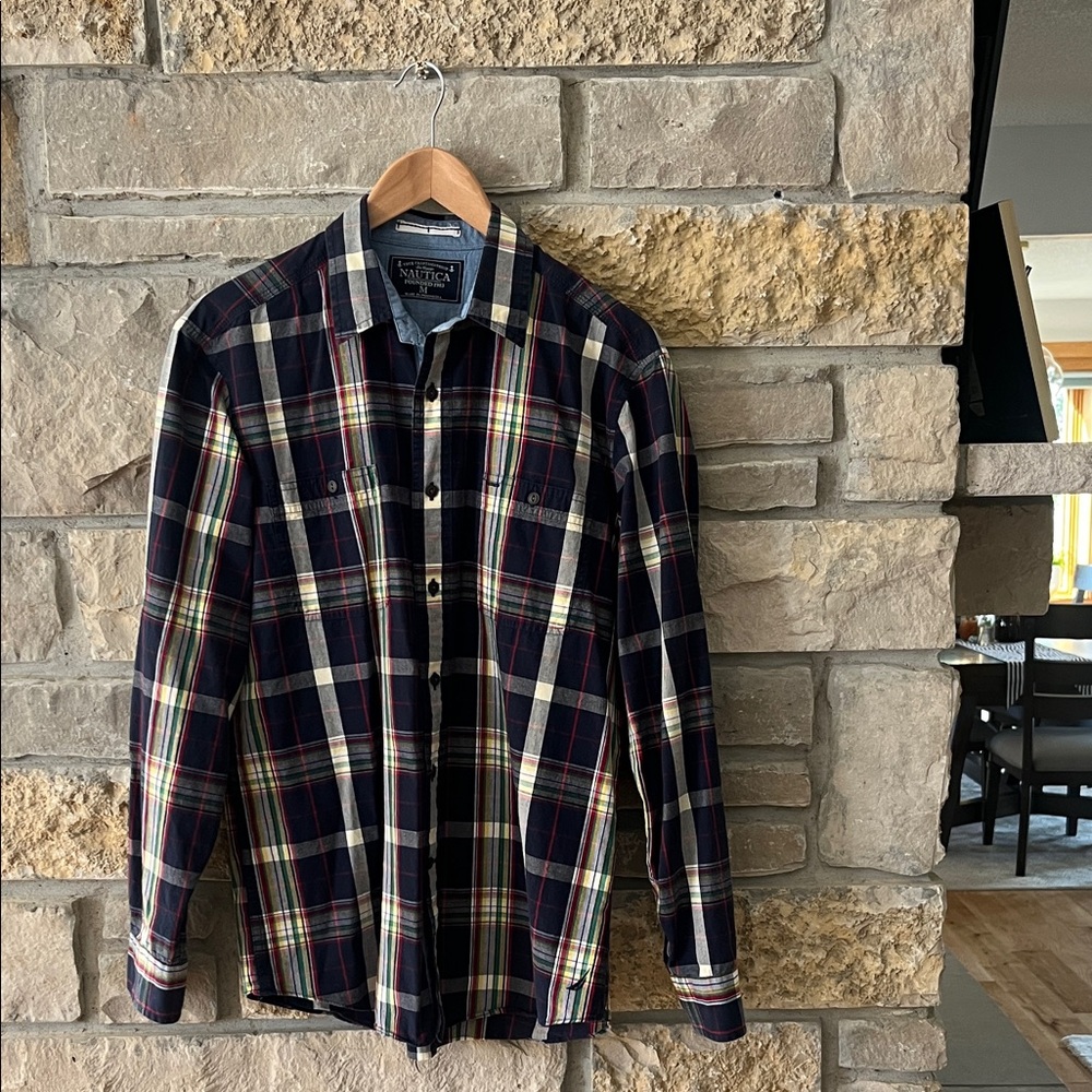 Nautica Men's Multicolor Navy, Red, Green, White, Yellow Plaid Shirt Size Medium